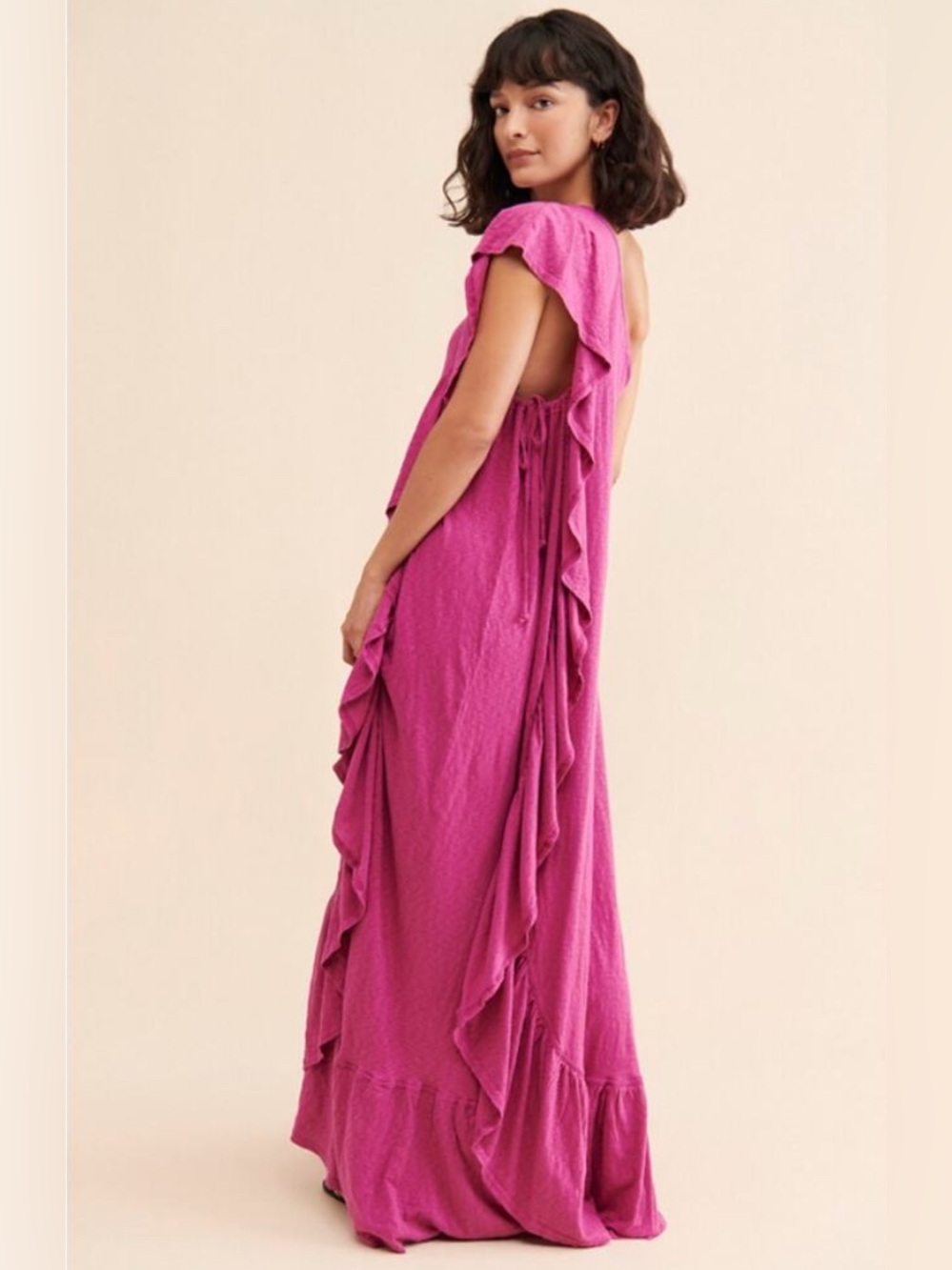 Free people Beach Elisa One Shoulder Maxi dress ruffled side in raspberry dahlia